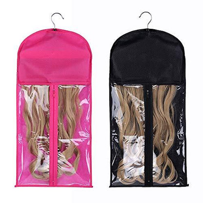 2 pack hair extension storage bags with wooden hangers. Hair Plus ME.