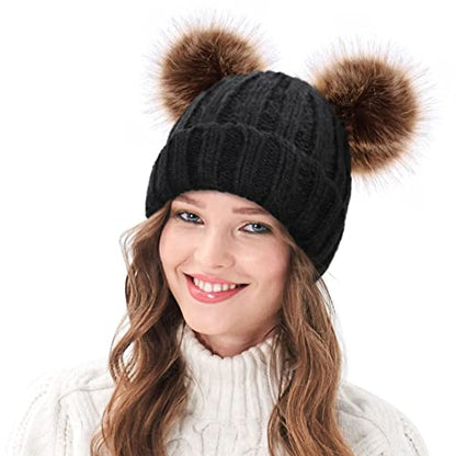 Black Beanie Cable Knit Faux Fur Pompom Hat - Hair Plus ME