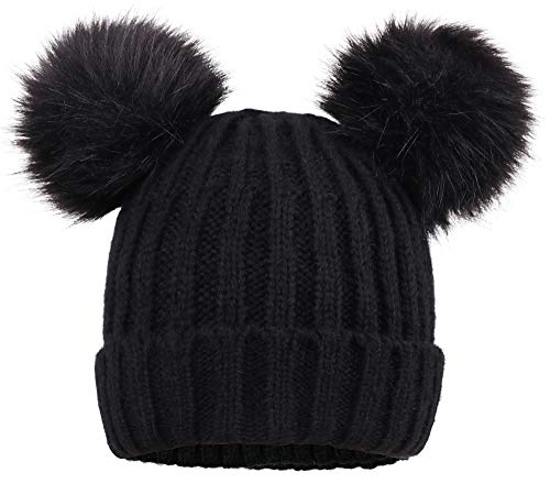 Black Beanie Cable Knit Faux Fur Pompom Hat - Hair Plus ME