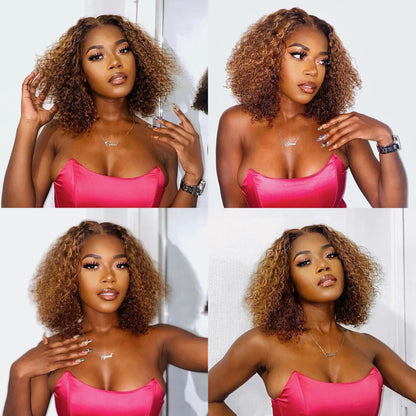 Mix Color Brown Curly Bob Wig Compact 13X4 Frontal Lace Wig - Hair Plus ME